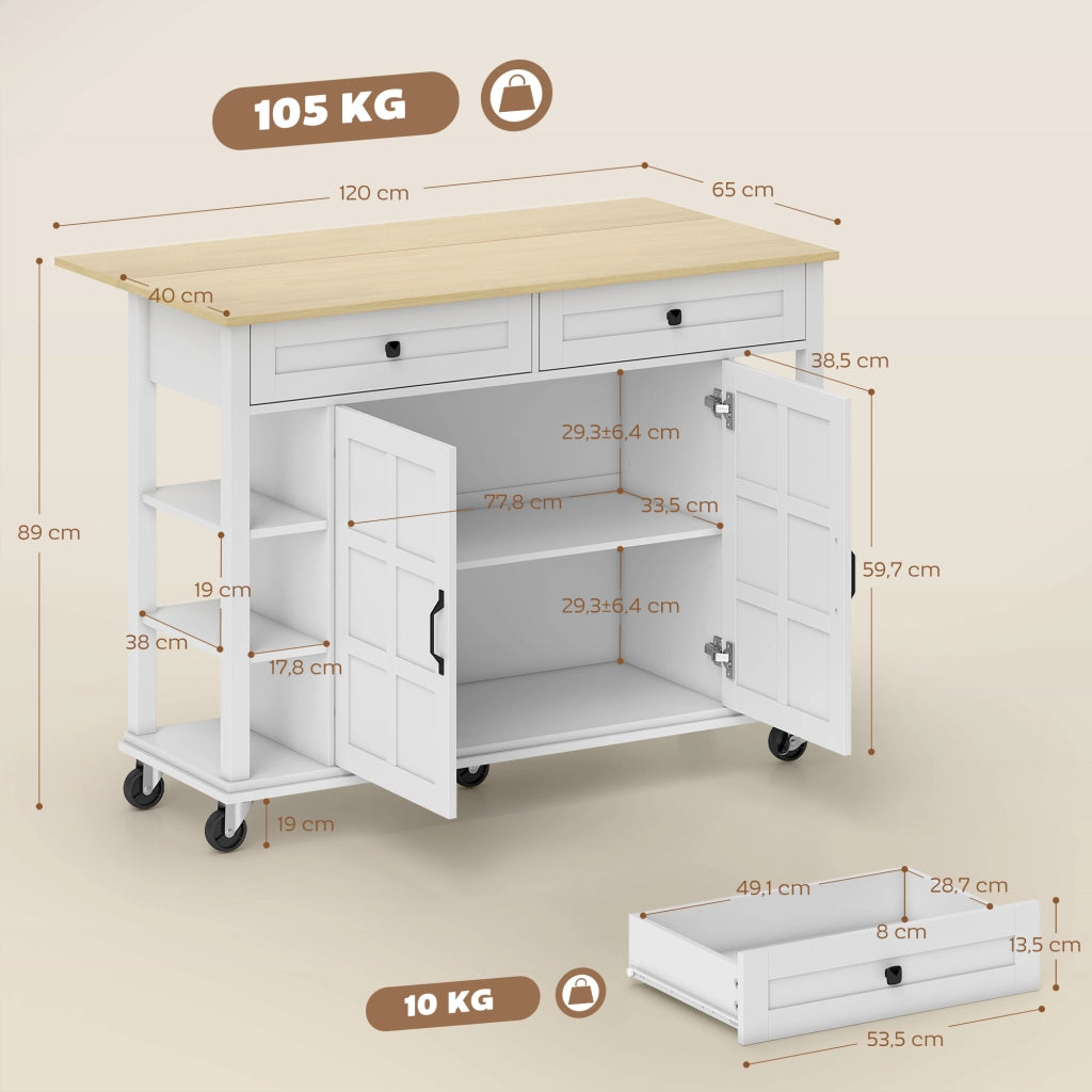 Isola Cucina con Ruote, Piani Pieghevoli, 2 Ante, 2 Cassetti, 6 Ripiani Aperti ¨C Zephmum ¨C Bianco