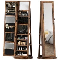 Specchio Portagioie da Terra Girevole a 360° con Ripiani e Chiusura a Chiave, 55x55x161 cm, Marrone Rustico