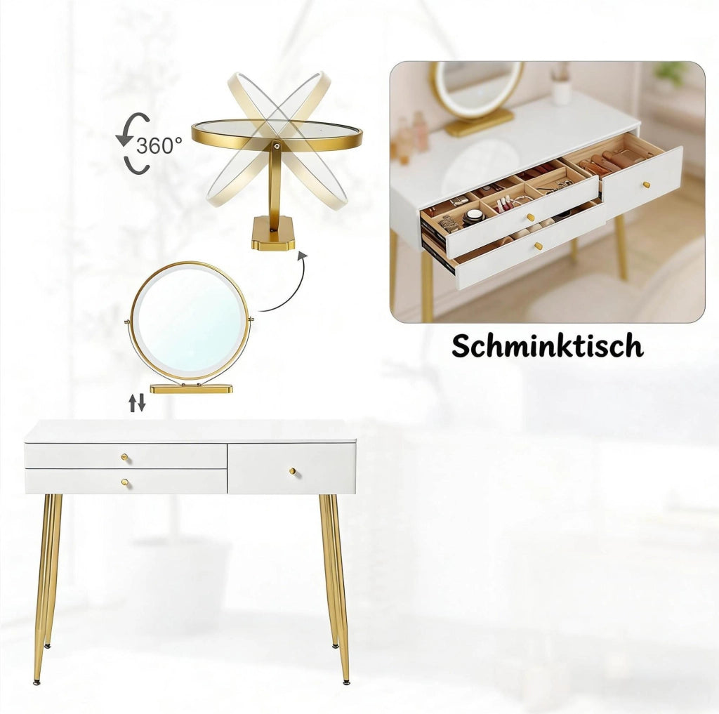 Tavolo trucco con specchio LED, 3 cassetti e sedia