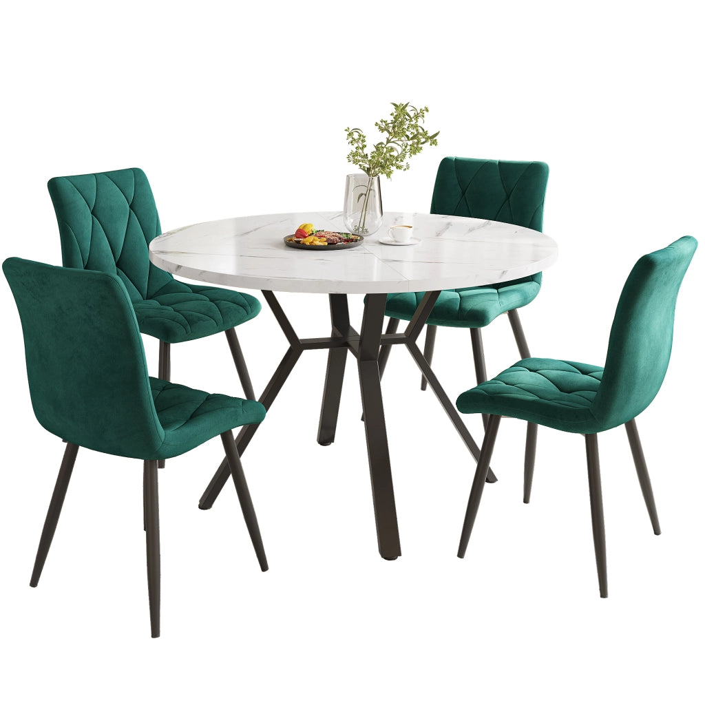Tavolo da pranzo rotondo con 4 sedie in MDF con finitura effetto marmo, base in metallo nero, per sala da pranzo