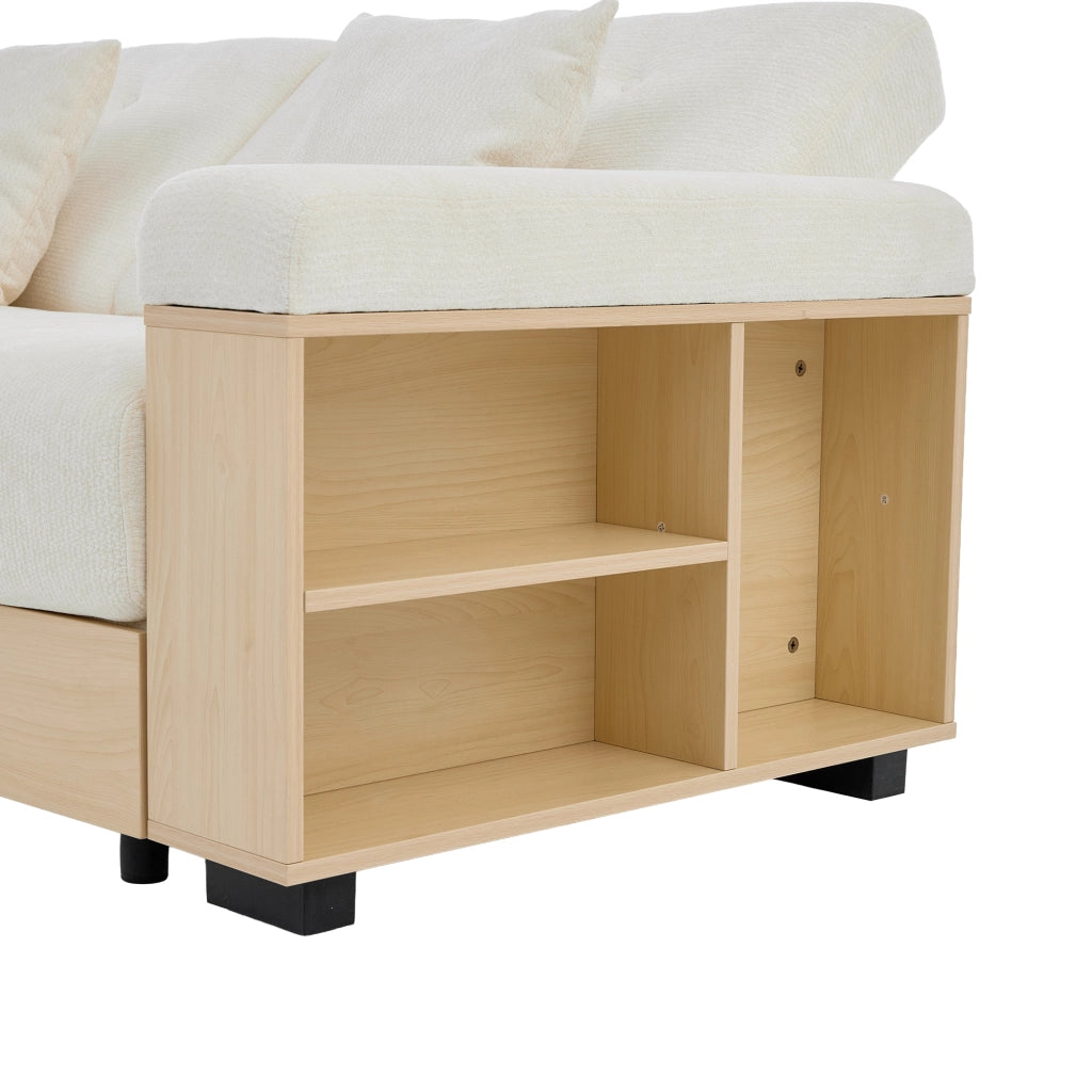 Divano letto con contenitore; schienale reclinabile; porta bevande e cuscini in chenille beige