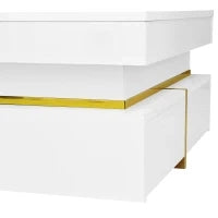Tavolino Salotto Moderno Lucido con 2 Cassetti e Accenti Dorati, Materiali di Alta Qualità, 70×70×35.5 cm, Bianco