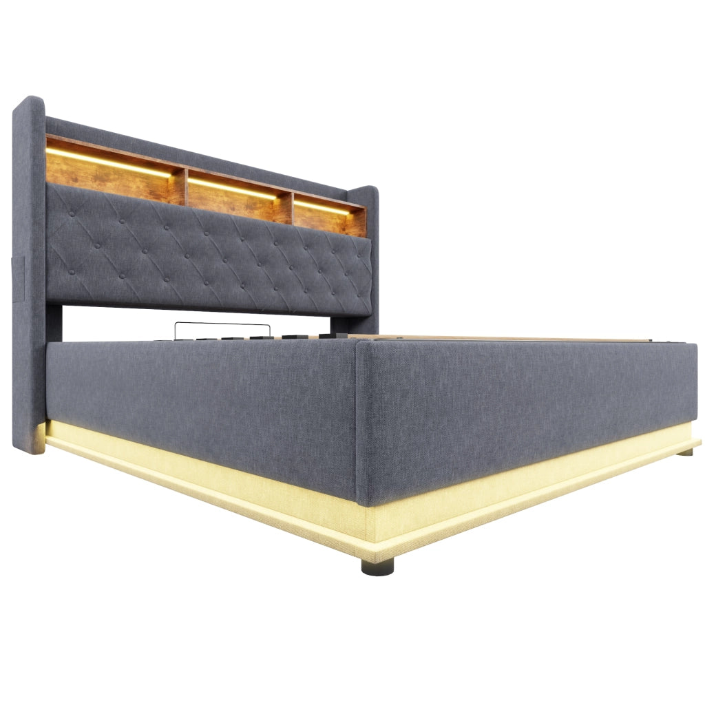 LETTO imbottito LED 180x200 cm grigio con USB e contenitore idraulico