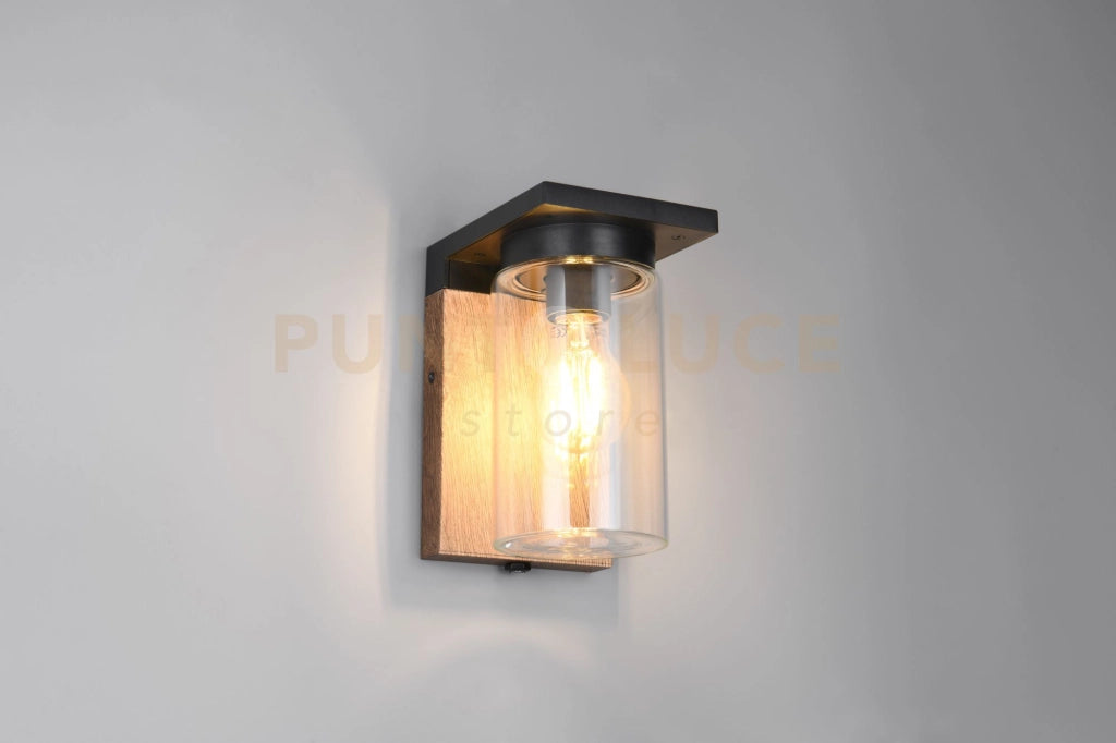 ARDILA APPLIQUE DA ESTERNO ALLUMINIO NERO CON EFFETTO LEGNO E VETRO TRASPARENTE CON INTERRUTTORE E SENSORE CREPUSCOLARE IP44 H.19CM 1 LUCE ATTACCO E27