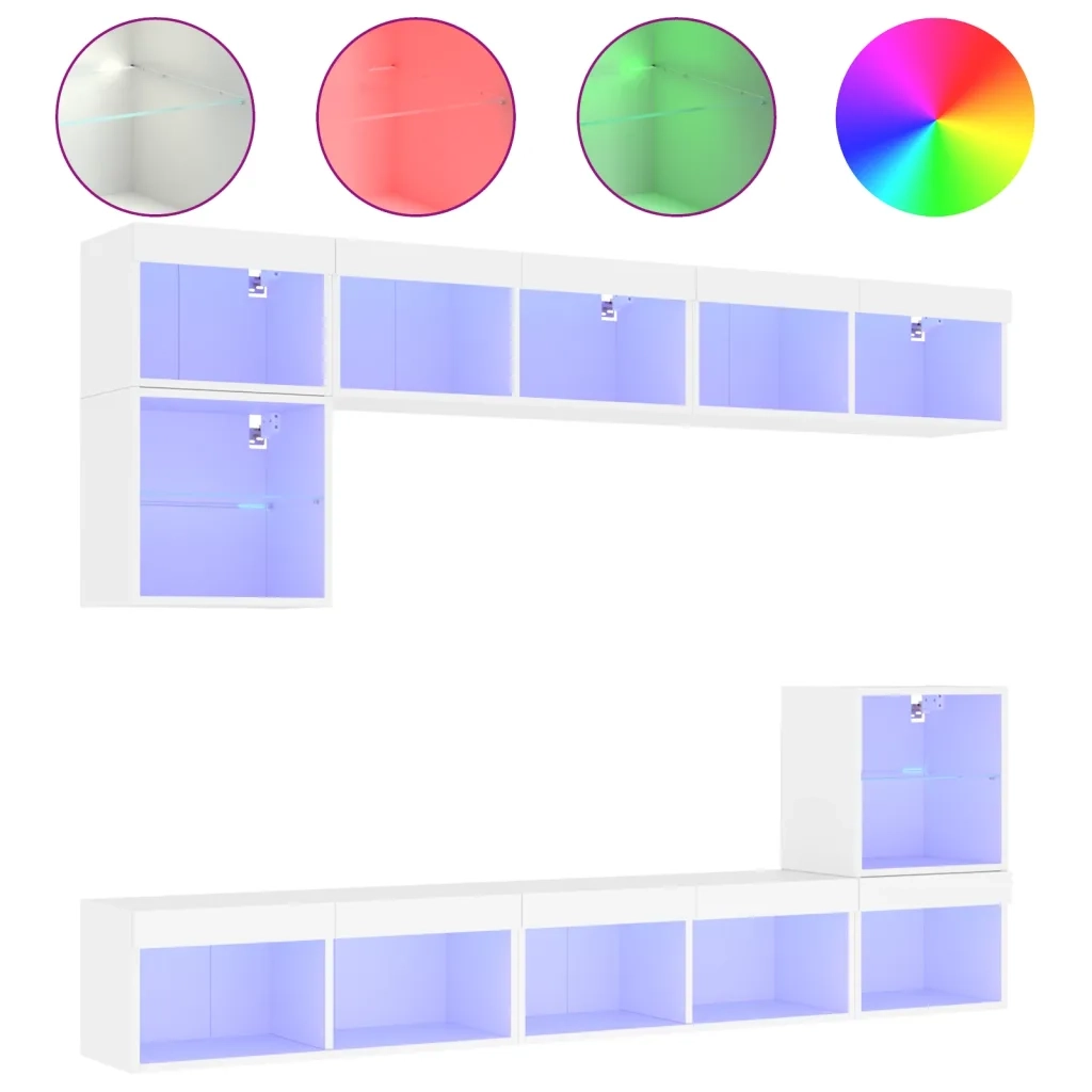 Mobili TV a Muro con LED 8pz-Set di 8 Credenza per TV sospesa Bianchi in Legno Multistrato