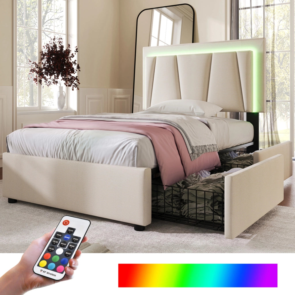 OKWISH Letto Singolo 90×200 cm con 2 Cassetti, LED Regolabile e Testiera Regolabile, Materasso Incluso, in Legno, Beige