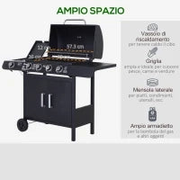 Barbecue a Gas a 5 Fornelli con Ripiani Laterali e Armadietto, in Acciaio e PP, 125x51x100 cm, Nero