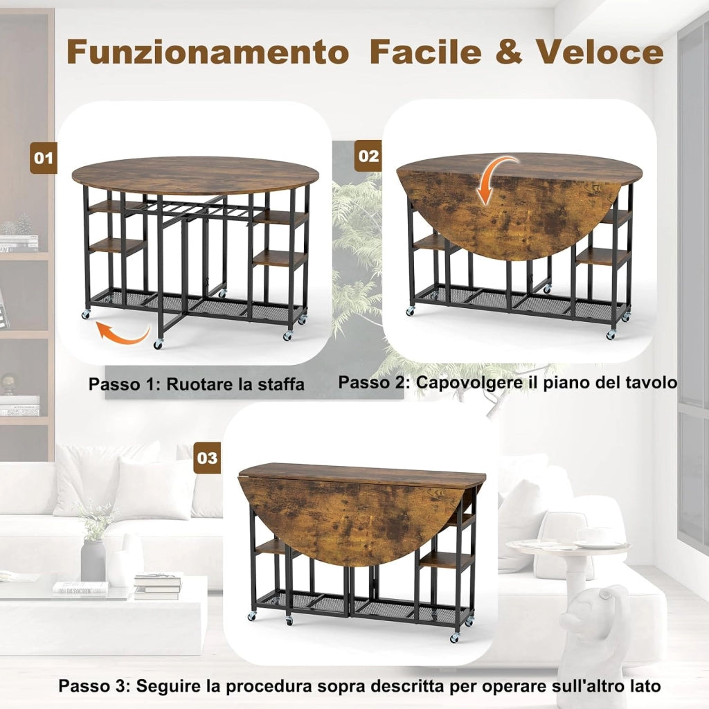 Set da Pranzo Pieghevole a 3 Pezzi, Tavolo da Cucina Rotondo con Ampio Piano e 2 Sgabelli, Scaffali e 6 Ruote Universali, Tavolo da Pranzo per Soggiorno, Sala da Pranzo e Cucina