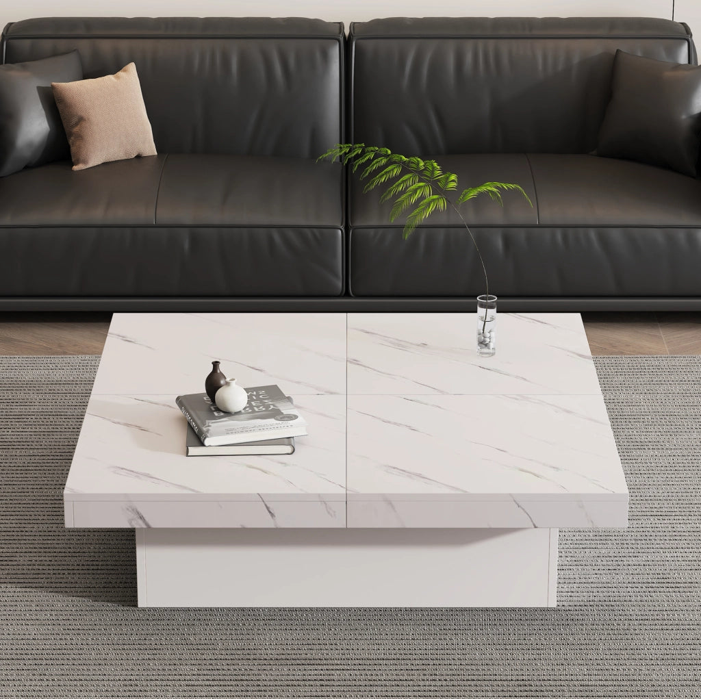 Tavolino da caffè quadrato bianco 90 x 90 x 25 cm in truciolare; effetto marmo; con 4 cassetti