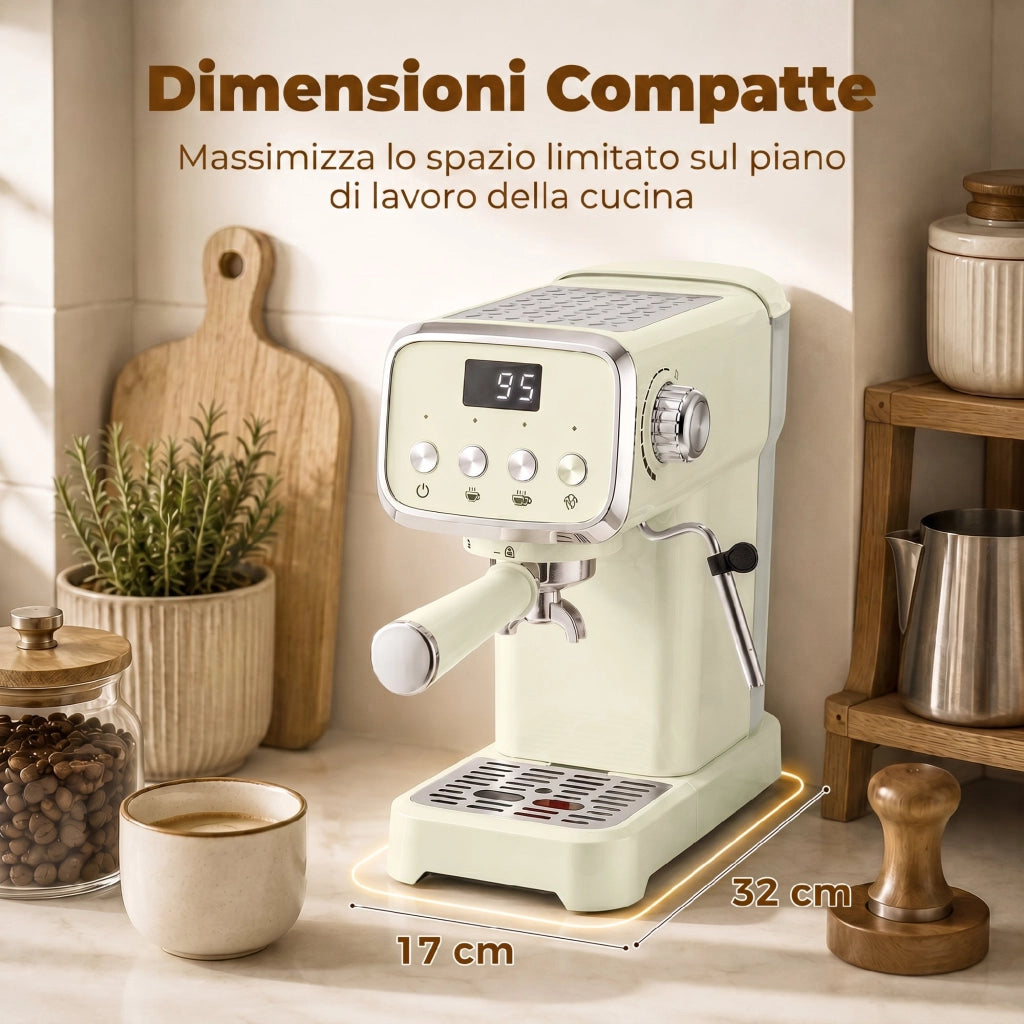Macchina Caffè Espresso Semiautomatica 20 Bar 1350W con Lancia Montalatte e Scaldatazze per Casa Compatta e Pratica