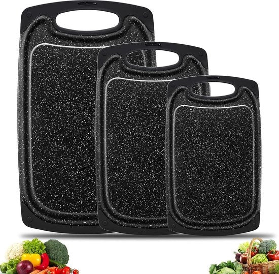 Snijplank in plastica per cucina, snijplanken per cucina con solchi per succhi, piastre di taglio più grandi, rovesciabile, leggero, senza BPA, resistente all'acqua calda del lavastoviglie, 3 pezzi.