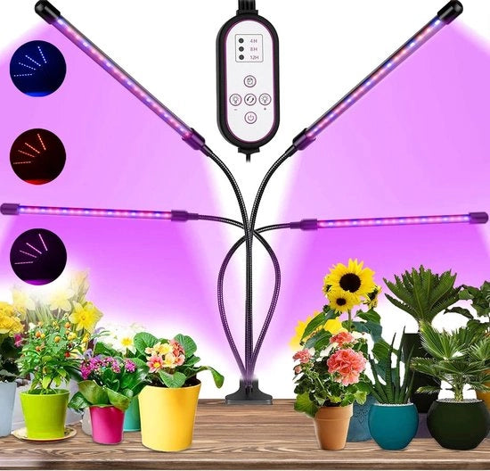 Lampada a LED per la crescita delle piante da appartamento - Luce di crescita con 4 braccia e spettro completo | Lampada a collo di cigno in acciaio inox regolabile con timer