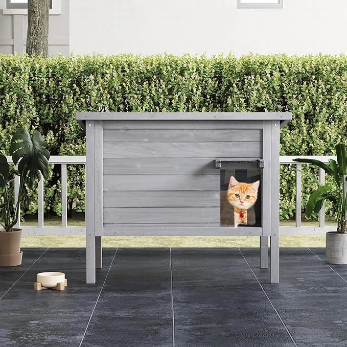 Cuccia Gatto Esterno Inverno 88 x 55 x 71 cm, Casetta Gatti Calda in Legno con Isolamento in Schiuma, Tetto Apribile in Asphalt e Porta, Rifugio termica per Gatti Multipli (Grigio)