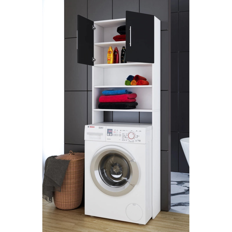 Colonna Lavanderia – Coprilavatrice con Ripiani In Legno Bianco e Nero H190 × L64 × P25 cm Soluzione Salvaspazio per Lavanderia