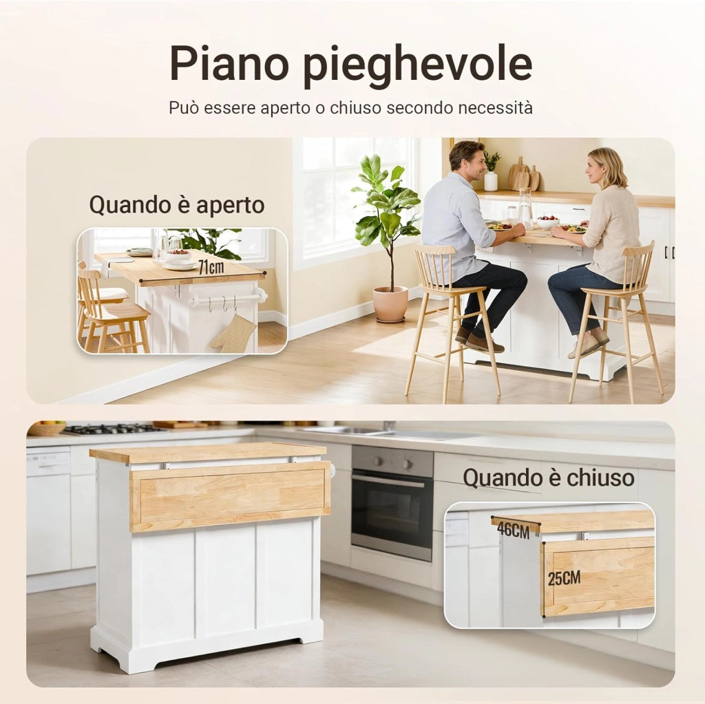 isola cucina con ruote carrello da cucina con piano di lavoro pieghevole mobile cucina con ruote penisola cucina piano lavoro Bianco 115x92x(46-71) cm FKW71-III-WN