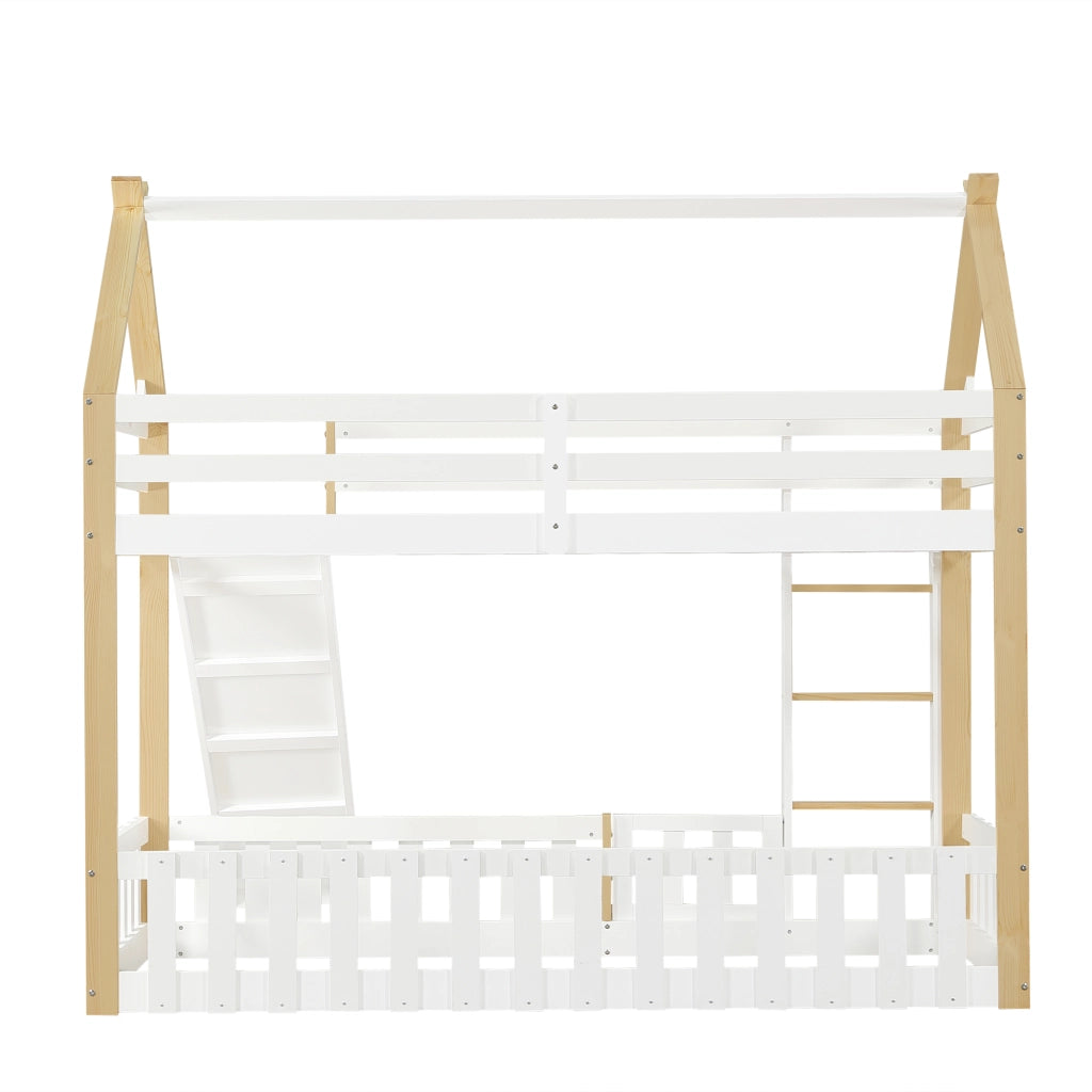 Letto a Castello per Bambini con Scivolo e Rete a Doghe ¨C MINIMAL ¨C Pino/MDF, Bianco/Naturale, 90x200cm