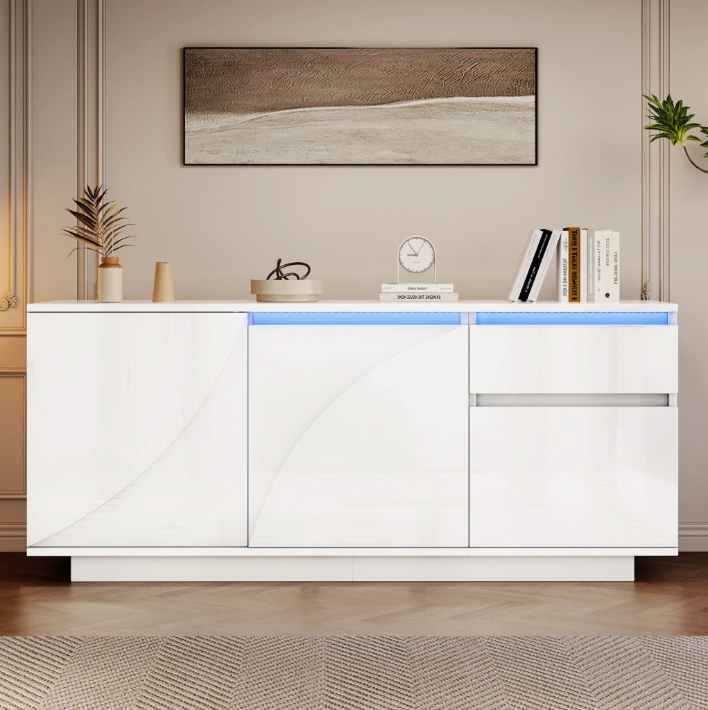 Credenza con LED, 3 ante, 1 cassetto e finitura bianca lucida