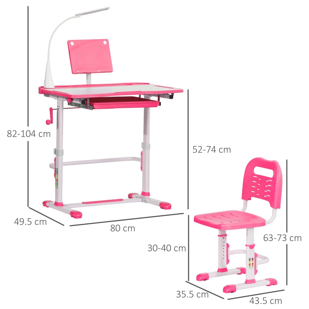 Banco Scuola per Bambini Piano Inclinabile con Luce e Sedia Regolabile Rosa