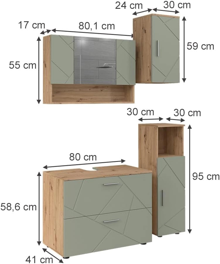 Set di mobili da bagno Irma, Verde salvia, 80 cm, composto da mobile sottolavabo, specchiera, armadio medio e pensile