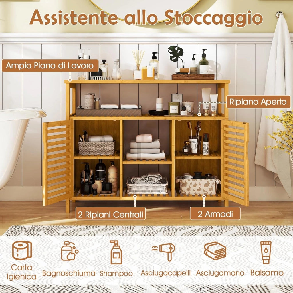 Armadietto da Bagno in Bambù, Organizzatore a 2 Ante con Scaffali, Unità di Stoccaggio Indipendente, Arredamento Domestico a Doghe per Soggiorno, Ingresso, Cucina e Sala da Pranzo