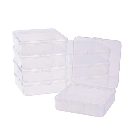 Contenitori di archiviazione 8 pezzi - Materiale trasparente in plastica - Coperchi con apertura a molletta - Dimensioni: 10,5 x 10,5 x 3 cm - Organizzatore per gioielli - Pratico e compatto - Scatole di archiviazione