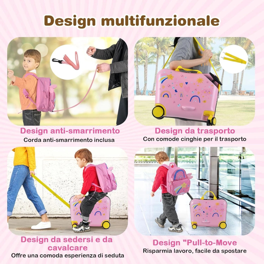 Valigia Cavalcabile per Bambini, 18" Valigia+ 12" Zaino,2 Pezzi, Trolley Bambini Bagaglio a Mano con Ruote Girevoli e Maniglia Retrattile, 2 Cingie Multiuso (Modello 10)
