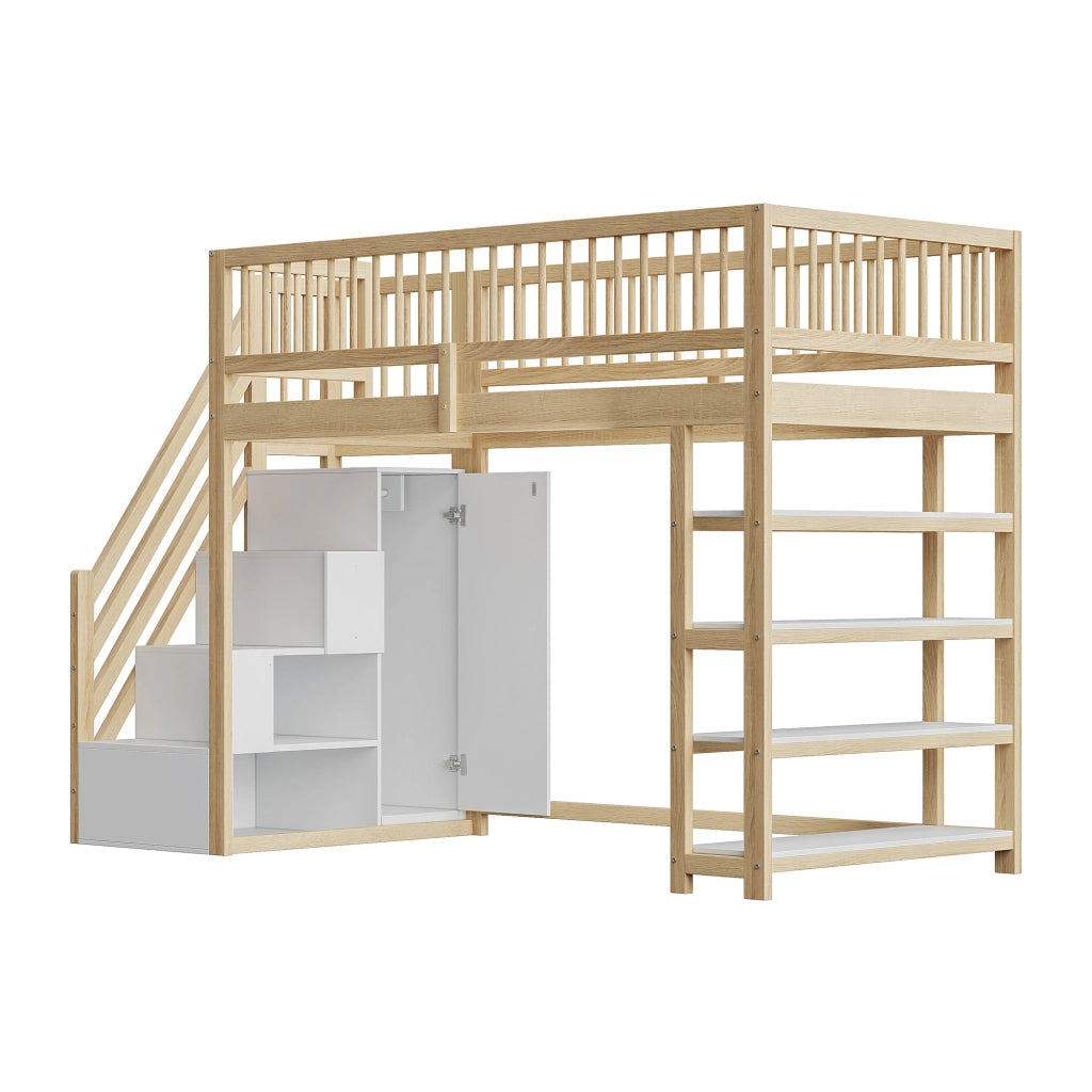 Letto a castello in legno massello naturale con recinzione alta funzione contenitiva 90x200 cm