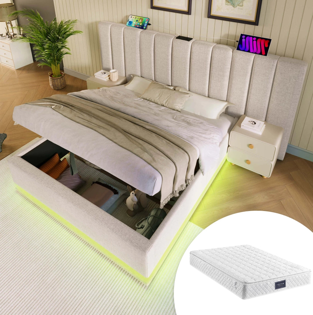 Letto contenitore beige 160 x 200 cm con LED, ricarica USB e vano idraulico