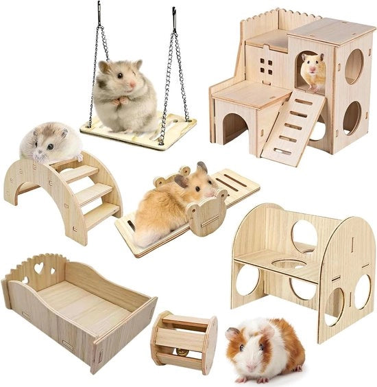 Set di case per hamster in legno: 7 pezzi di giocattolo per hamster per cavia giocattoli per accessori di cavia per gerbili per chinchilla per dwerghamster