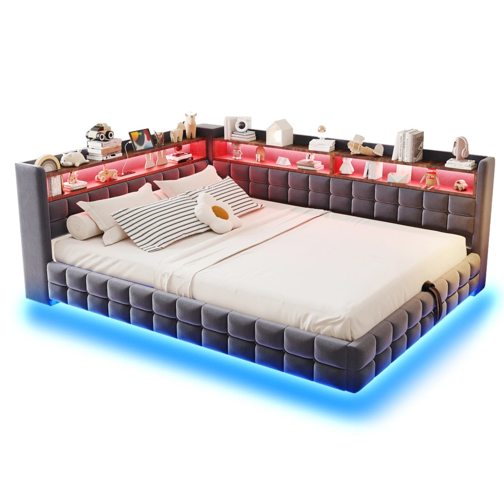 Divano letto imbottito con contenitore 140x200 cm; velluto grigio; LED; prese USB e Tipo C