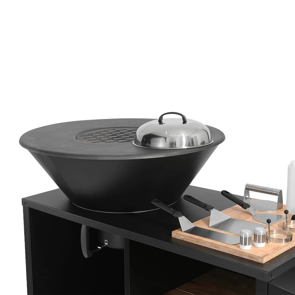 Braciere barbecue ø80cm, carrello con spazi di stoccaggio, coperchio e
