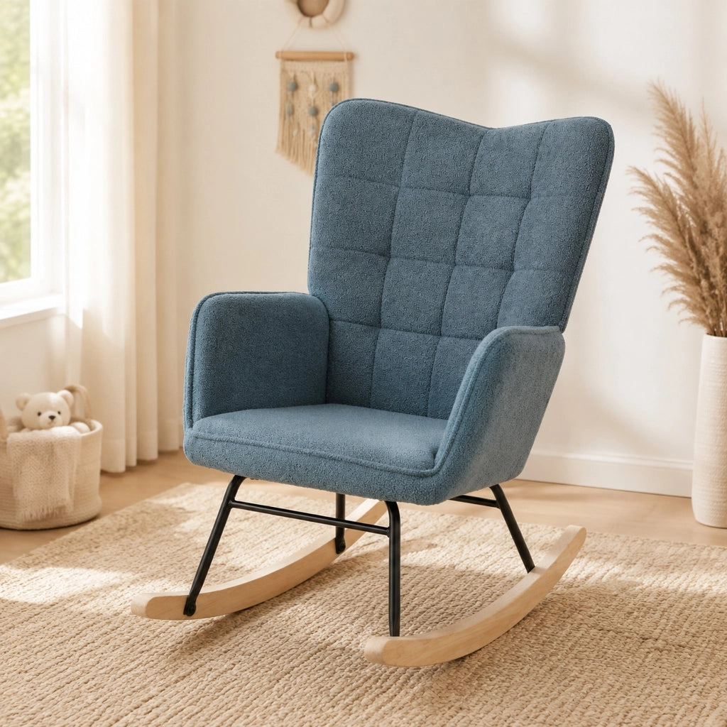 Poltrona a dondolo 98x71x101 cm con schienale trapuntato in poliestere azzurro chiaro