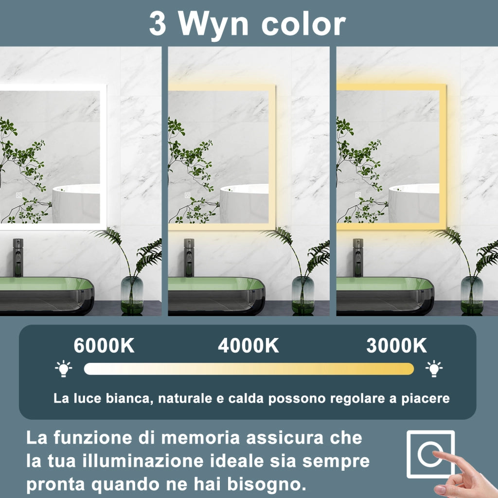 AICA Specchio 90x70cm,3 colori,Memoria, Antifog,Regorabile,Retroilluminato,doppio interruttore