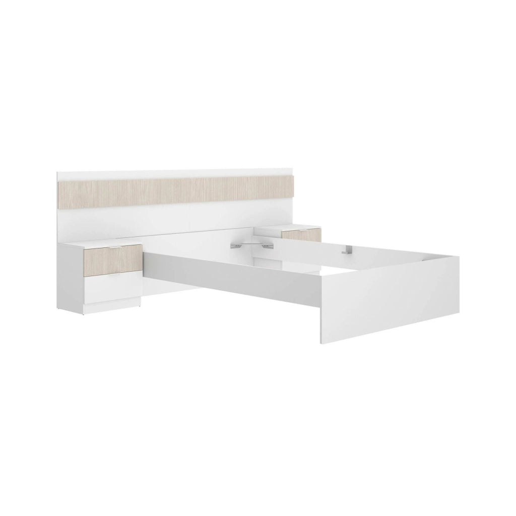 Letto alla francese Bonnie, Sommier per camera da letto, Giroletto per stanza, Struttura porta materasso, 248x195 h96 cm, Bianco e Rovere