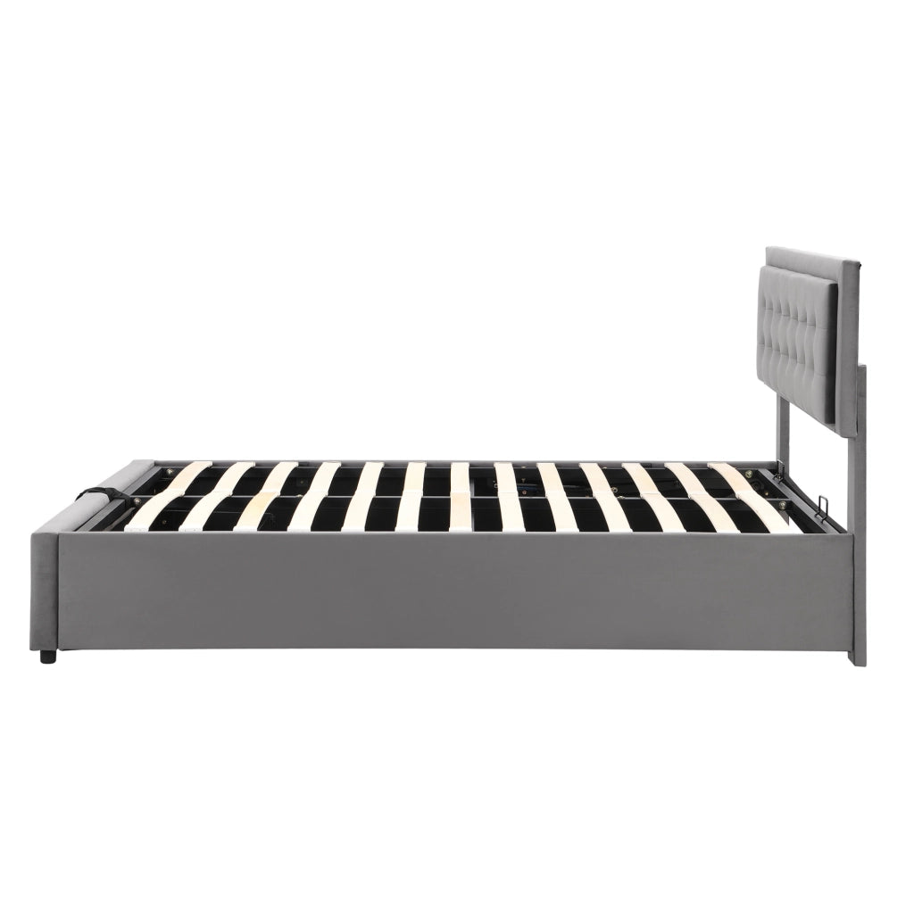 Letto imbottito 140x190 cm in velluto grigio con contenitore