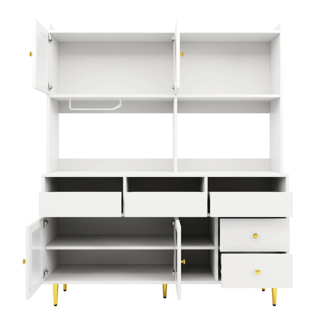 Credenza 145x39x171 cm con porte in vetro; portabottiglie e ampio spazio contenitivo in MDF bianco