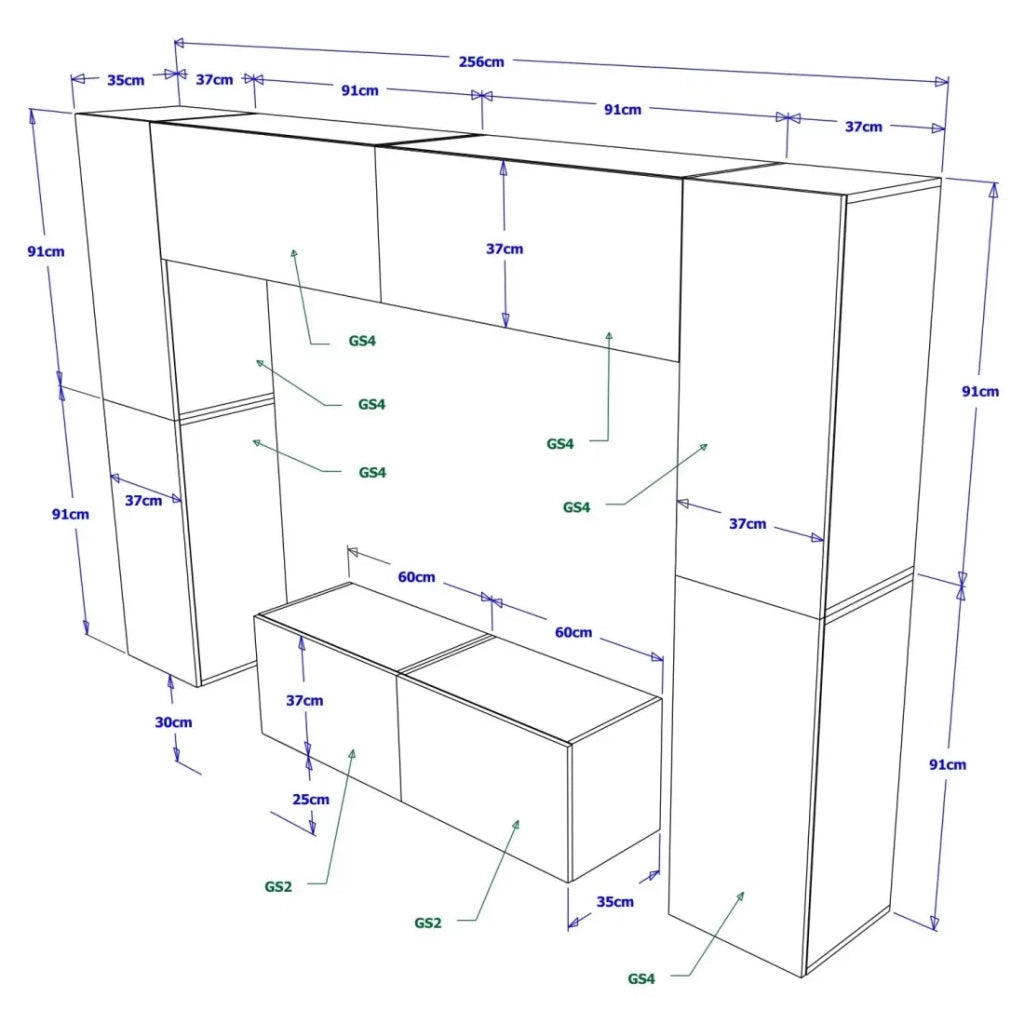 Set di mobili da soggiorno bianchi sospesi collezione CEPTO III 256cm, 8 porte, 8 scaffali, led, modulari.