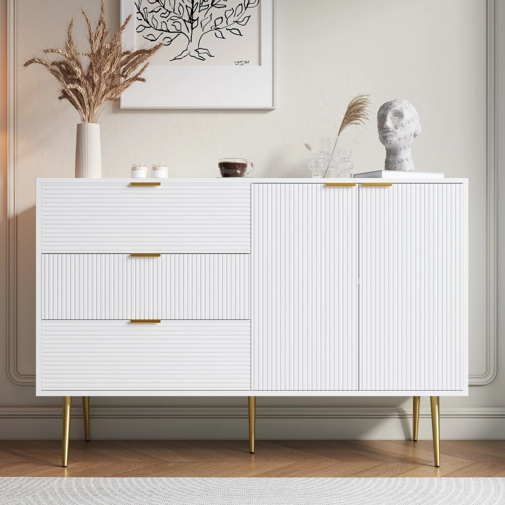 Credenza con 2 Ante; 3 Cassetti e Ripiani Interni; Motivo Ondulato; Stile Moderno; in MDF; Bianco+Oro; 120??38??80;5 cm