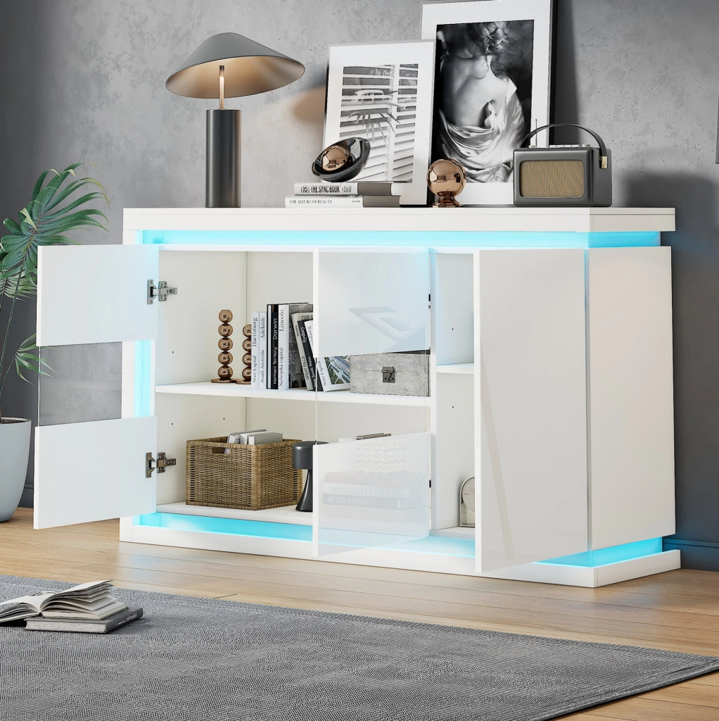 Madia 140x40x84 cm con luci LED telecomandate e 3 ante in truciolato e vetro bianca