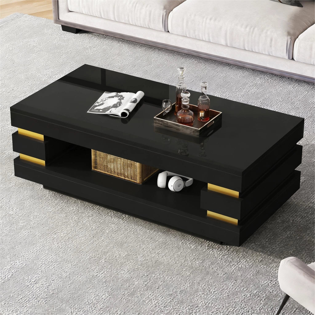 Tavolino lucido, 100 x 50 x 35 cm, design traforato, luci a LED, pannello truciolare, nero
