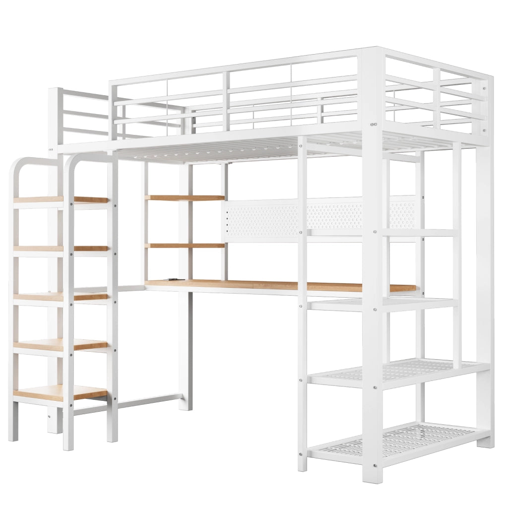 Letto a soppalco in metallo 90x200 cm con scrivania, LED RGB, prese integrate e scaffalatura multifunzione