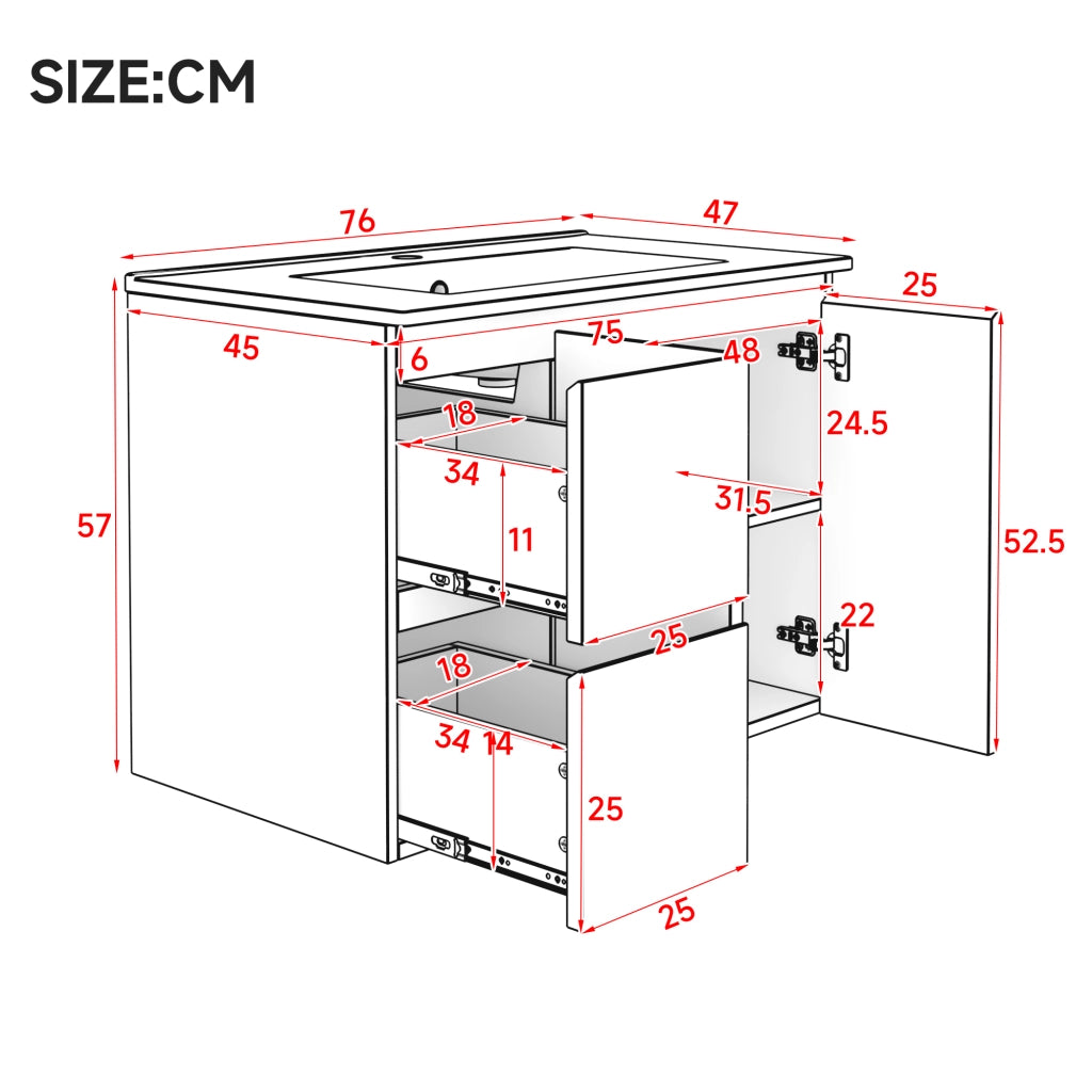 Mobile bagno sospeso con 2 cassetti; 1 mobile a 2 ante; LED e lavabo integrato per bagno; 76×47×57 cm; bianco