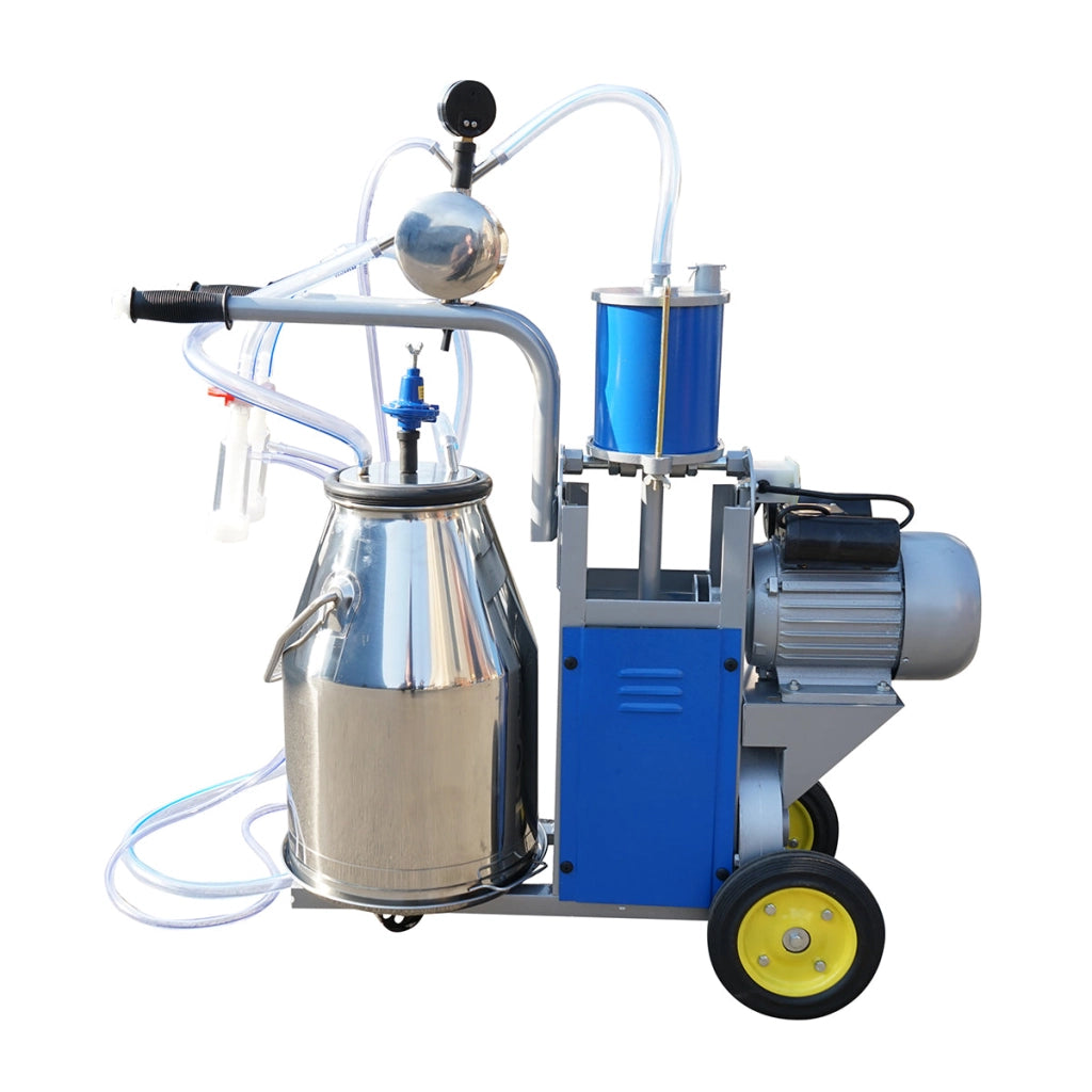 Dispositivo per mungitura di mucche, 1 postazione, 550W, 220V, bidone in acciaio inox da 25L, gruppo di mungitura con 2 manicotti, pressione del vuoto 45-50 kPa, pulsazioni 60-80 cpm.