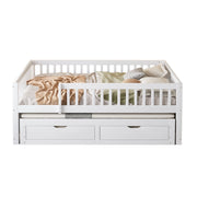 Letto estraibile matrimoniale 140×200 cm con 2 cassetti; sponda di sicurezza e rete; senza materasso; legno; bianco