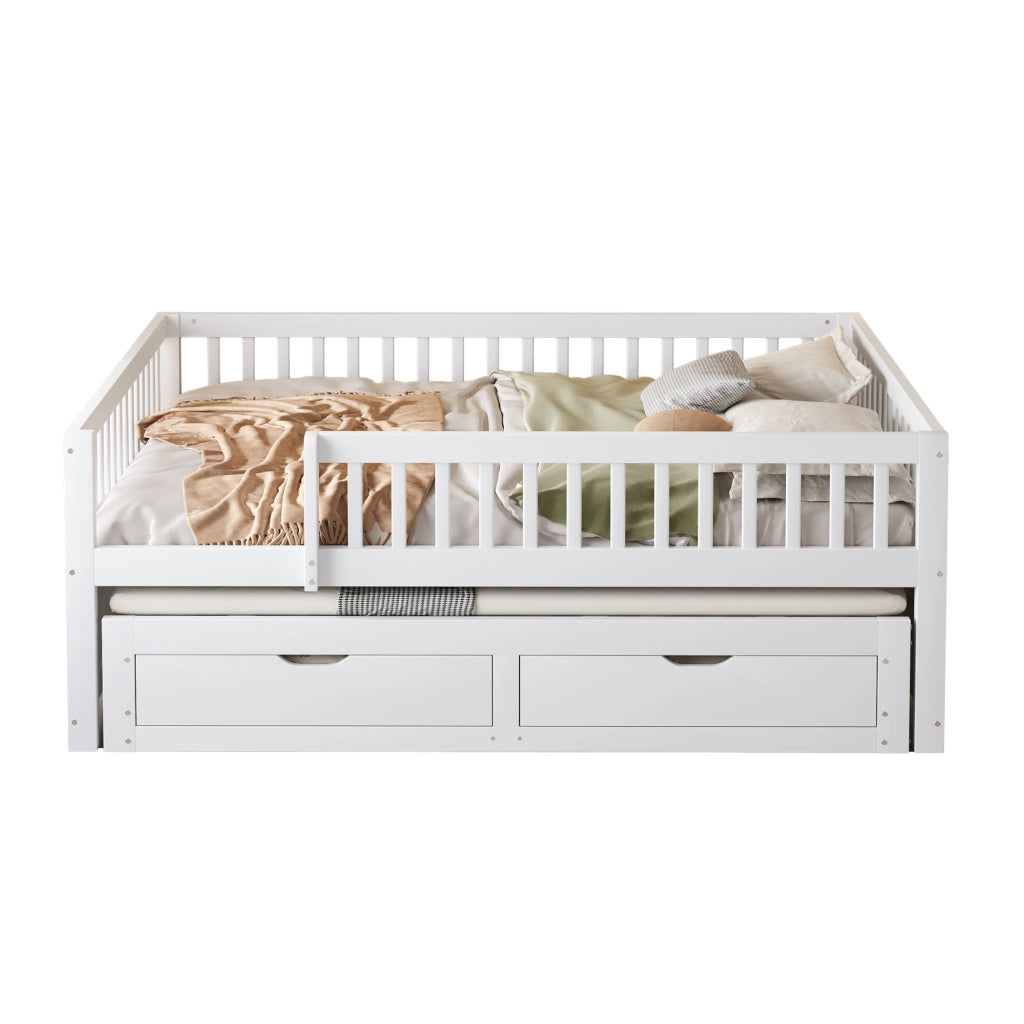 Letto estraibile matrimoniale 140×200 cm con 2 cassetti; sponda di sicurezza e rete; senza materasso; legno; bianco