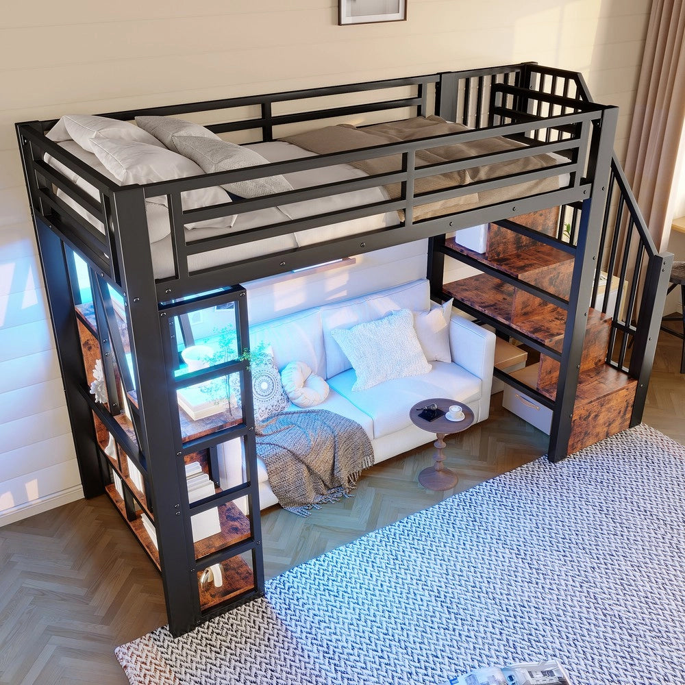 Letto a Soppalco con LED e Scala ¨C Xylo ¨C Metallo Nero 90x200