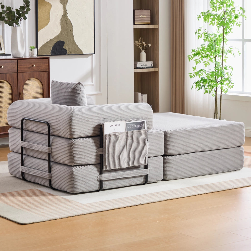 Divano modulare in corduroy con pouf, struttura in metallo, cuscino e tasca laterale, grigio chiaro