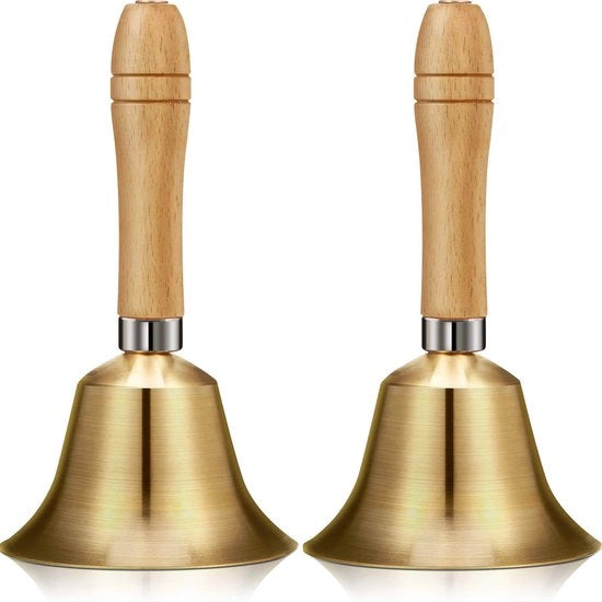 Due campane in ottone massiccio con maniglie in legno, strumenti musicali, per una chiara e facile gestione, campane in ottone per chiamare vecchi animali da cerimonia di matrimonio (3,15 x 3,15 x 5,9 pollici)
