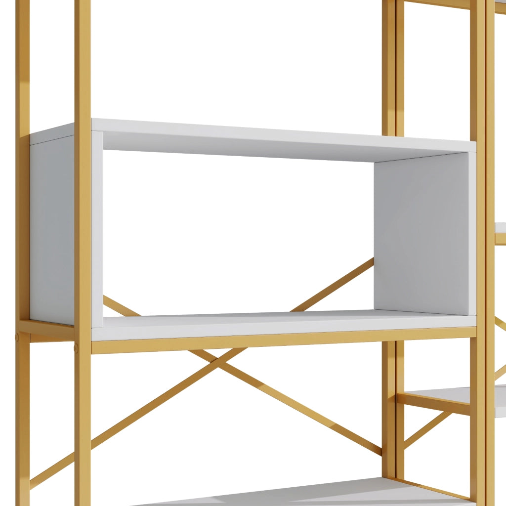 Libreria moderna 160 x 29,5 x 180 cm in MDF e metallo, struttura rettangolare stabile, finitura oro e bianco