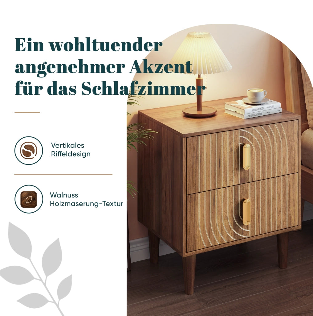 Comodino MDF noce con 2 cassetti e dettagli geometrici